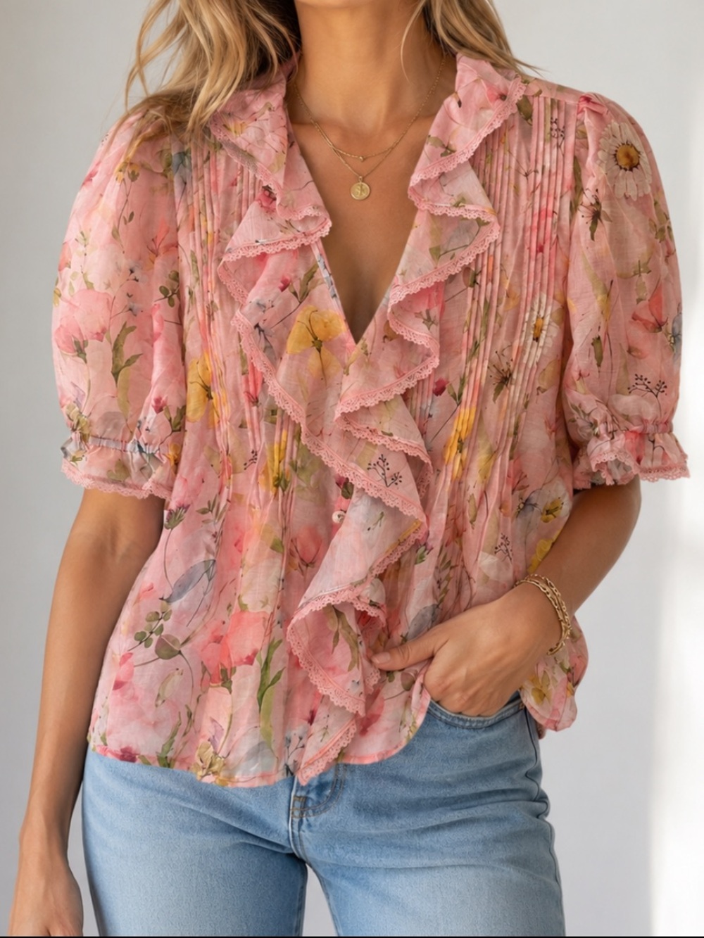 Lucky & Coco Button Up Shirt Womens M White Floral Collared Puff Sleeve Blouse
